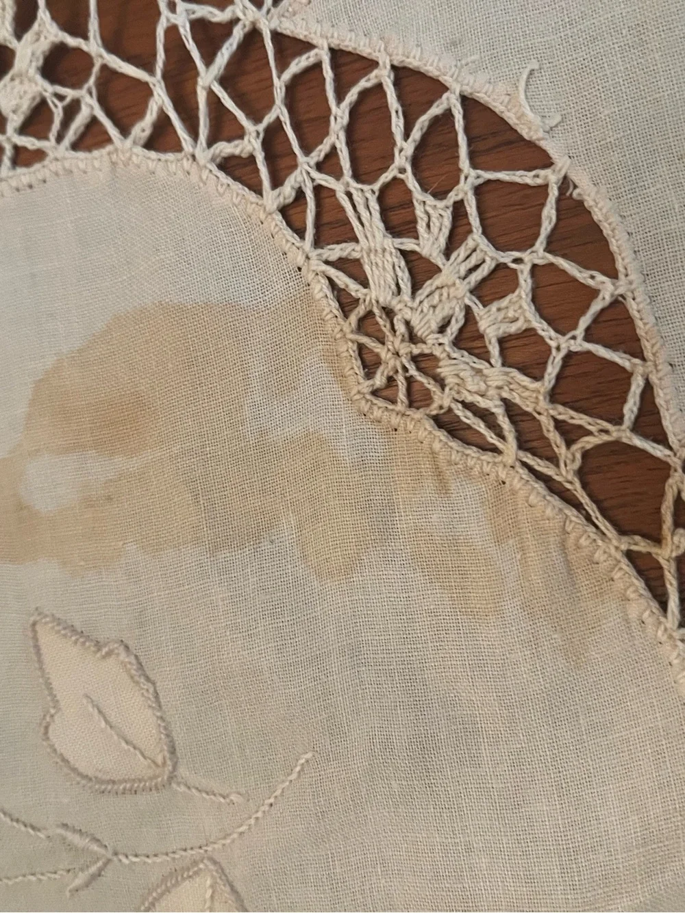 Vintage Italian Cotton Embroidered Crochet Beige Tablecloth 63” x120”